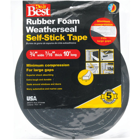 Do it Best 3/4 In. W x 7/16 In. T x 10 Ft. L Black Rubber Foam Weatherstrip Tape