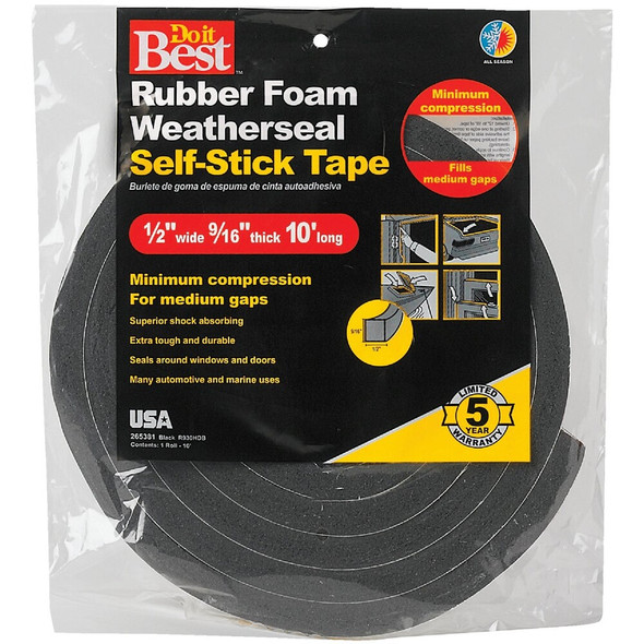 Do it Best 1-2 In. W x 9-16 In. T x 10 Ft. L Black Rubber Foam Weatherstrip Tape R930HDB 265381