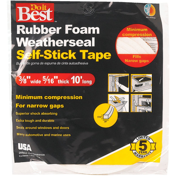 Do it Best 3/8 In. W x 5/16 In. T x 10 Ft. L White Rubber Foam Weatherstrip Tape