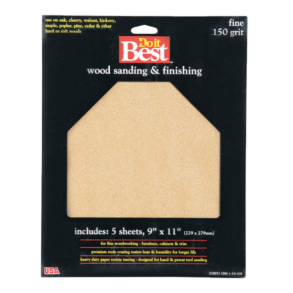 Do it Best Bare Wood 9 In. x 11 In. 150 Grit Fine Sandpaper (5-Pack) 330051GA