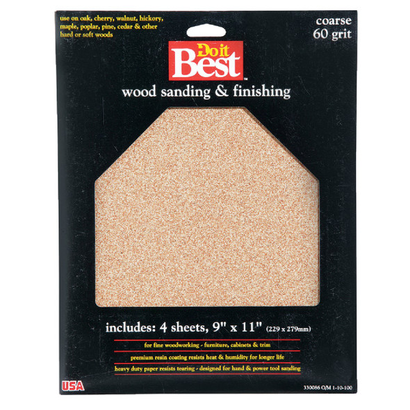 Do it Best Bare Wood 9 In. x 11 In. 60 Grit Coarse Sandpaper (4-Pack) 330086GA