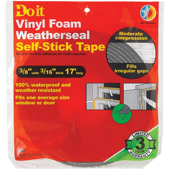 Do it 3-8 In. W x 3-16 In. T x 17 Ft. L Charcoal Vinyl Foam Weatherstrip Tape V212GHDI 270695