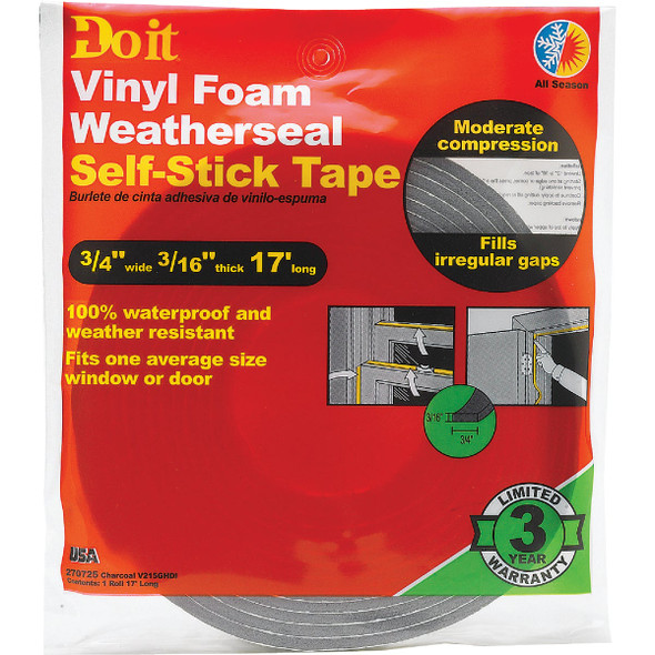 Do it 3/4 In. W x 3/16 In. T x 17 Ft. L Charcoal Vinyl Foam Weatherstrip Tape