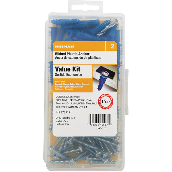 Hillman The Anchor Center #8 - #10 - #12 Thread Blue Ribbed Plastic Anchor Kit 373517 766005