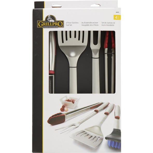 GrillPro Rubber Insert Handle Stainless Steel 4-Piece Barbeque Tool Set 40070 800091