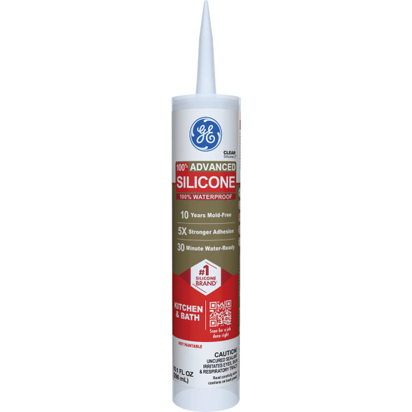 GE Advanced Silicone Kitchen & Bath Sealant, Clear, 10.1  Oz. Cartridge 2812562