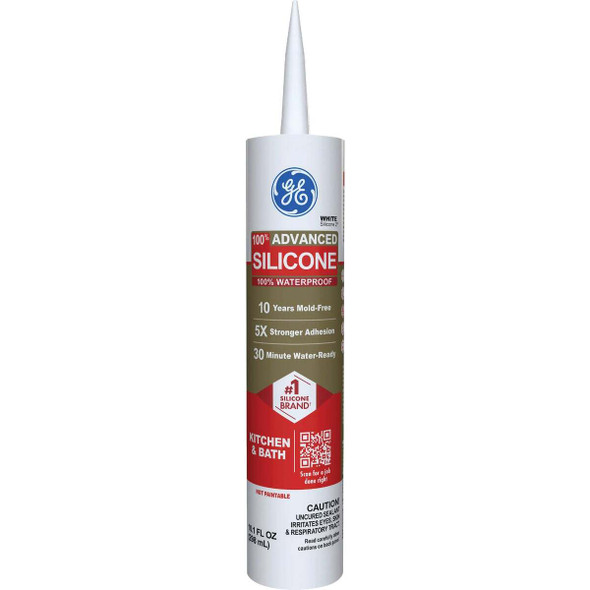 GE Advanced Silicone Kitchen & Bath Sealant, White, 10.1  Oz. Cartridge 2812565