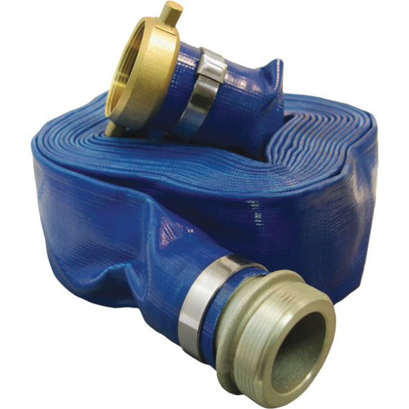 Apache 2 In. x 25 Ft. Blue Reinforced PVC Lay Flat Discharge Hose with Male/Female Connections Apache 2 In. x 25 Ft. Blue Reinforced PVC Lay Flat Discharge Hose with Male/Female Connections