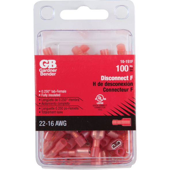 Gardner Bender 22 to 16 AWG Female Red Fully-Insulated Disconnect (100-Pack) Gardner Bender 22 to 16 AWG Female Red Fully-Insulated Disconnect (100-Pack)
