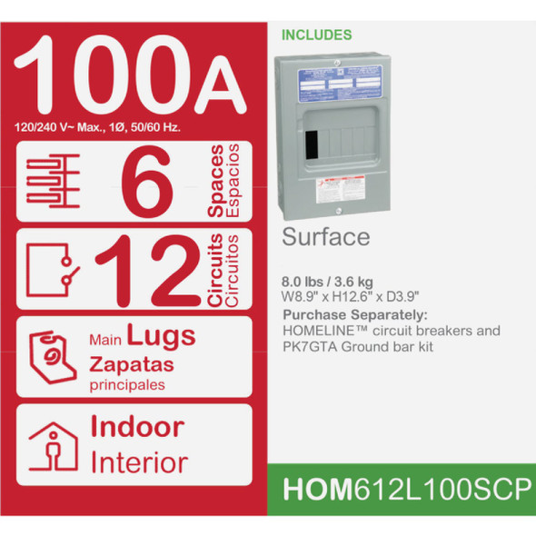 Square D Homeline 100A 6-Space 12-Circuit Indoor Main Lug Surface Mount Load Center