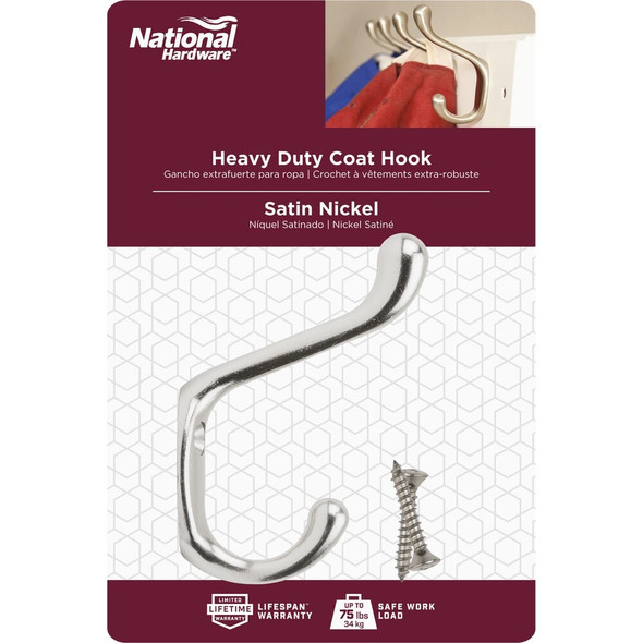 National Hardware Heavy-Duty Satin Nickel Coat & Hat Hook N331-009 215190