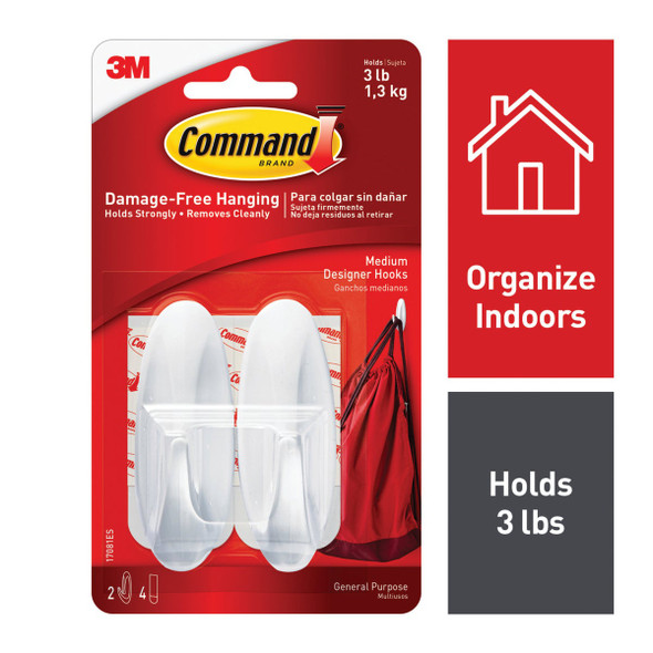 Command Medium Designer Hooks, White, 2 Hooks, 4 Strips 17081ES-2PK 619085