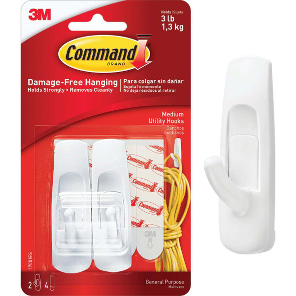Command Medium Utility Hook, White, 2 Hooks, 4 Strips 17001ES-2PK