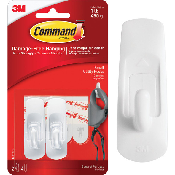 Command Small Utility Hook, White, 2 Hooks, 4 Strips 17002ES-2PK