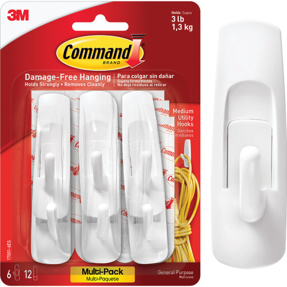 Command Medium Utility Hook Value Pack, White, 6 Hooks, 12 Strips 17001-6ES
