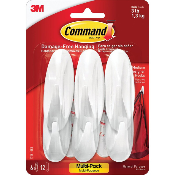 Command Medium Designer Hooks Value Pack, White, 6 Hooks, 12 Strips 17081-6ES 608076