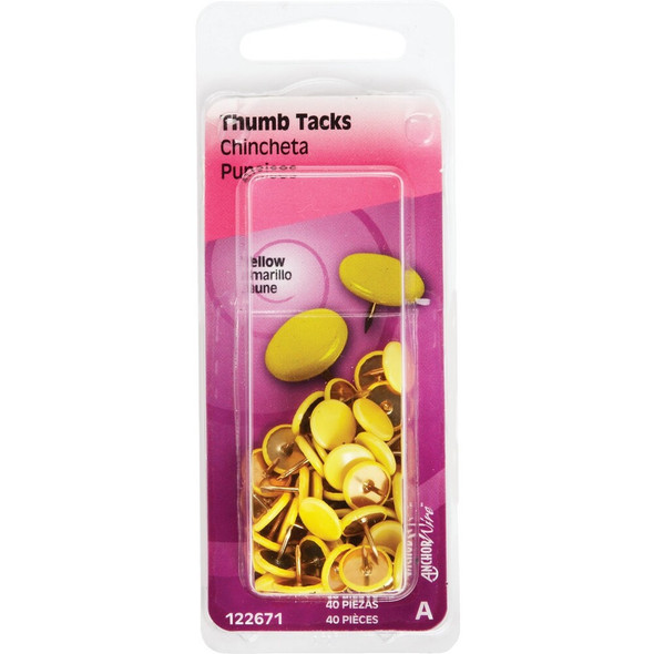 Hillman Anchor Wire Yellow 23-64 In. x 15-64 In. Thumb Tack (40-Count) 122671 723612