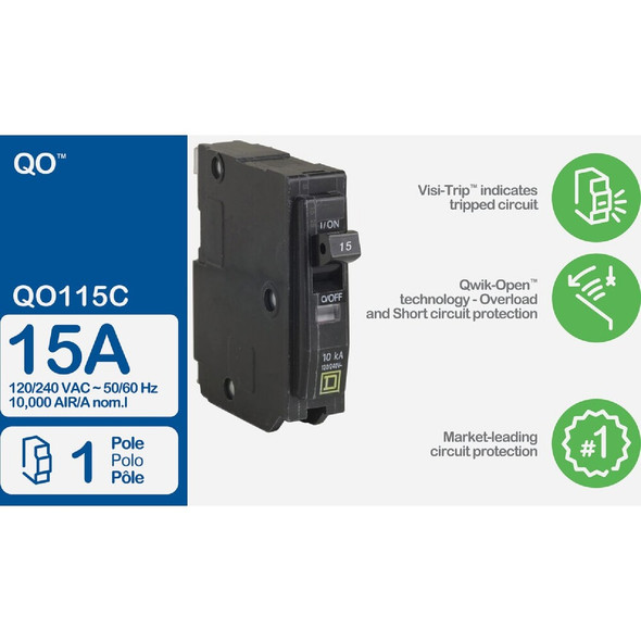 Square D QO 15A Single-Pole Standard Trip Circuit Breaker QO115C 532631