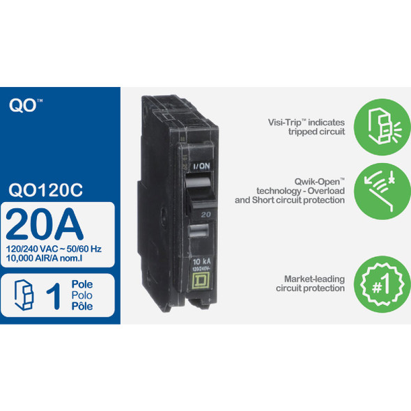 Square D QO 20A Single-Pole Standard Trip Circuit Breaker QO120C 532640