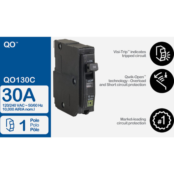 Square D QO 30A Single-Pole Standard Trip Circuit Breaker Square D QO 30A Single-Pole Standard Trip Circuit Breaker