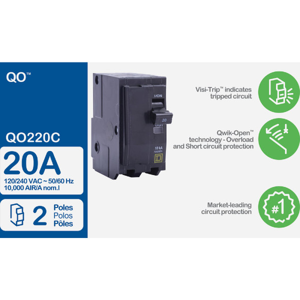 Square D QO 20A Double-Pole Standard Trip Circuit Breaker QO220C 532677