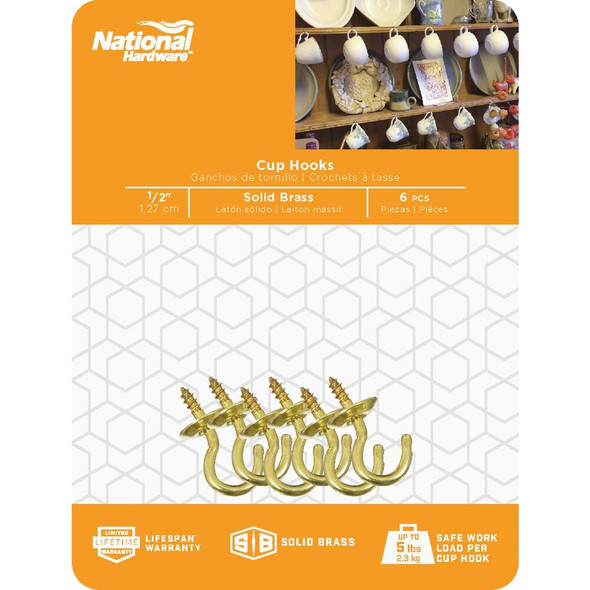 National Hardware 1/2 In. Solid Brass Series Cup Hook (6 Count)