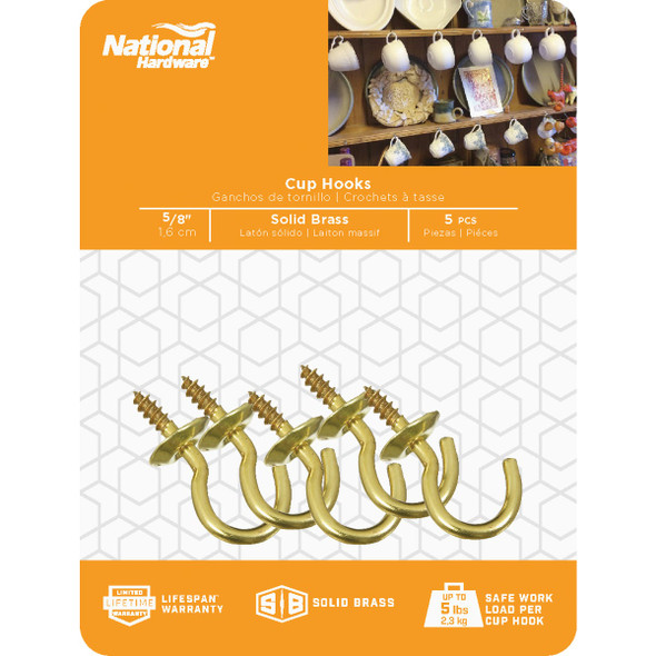 National Hardware 5-8 In. Solid Brass Series Cup Hook (5 Count) N119-628 219114