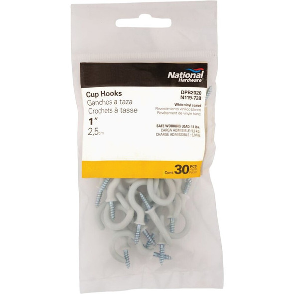 National Hardware 1 In. White Vinyl Cup Hook (30 Count)