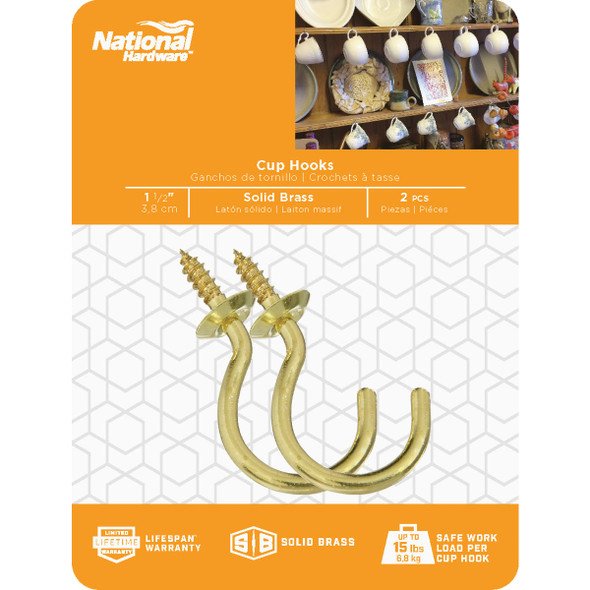 National Hardware 1-1/2 In. Solid Brass Series Cup Hook (2 Count)