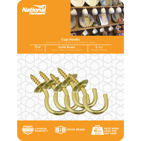 National Hardware 3/4 In. Solid Brass Series Cup Hook (5 Count)