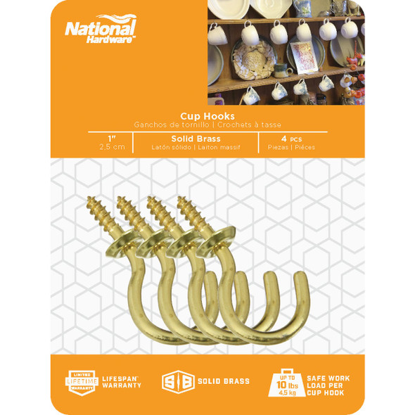 National Hardware 1 In. Solid Brass Series Cup Hook (4 Count)