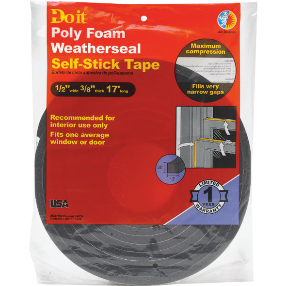 Do it 1/2 In. W x 3/8 In. T. x 17 Ft. L Charcoal Poly Foam Weatherstrip Tape