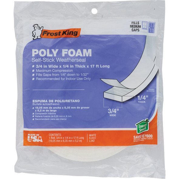 Frost King 3-4 In. W. 1-4 In. T x 17 Ft. L  White Poly Foam Weatherstrip Tape L342H 264298