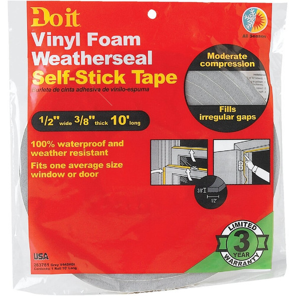Frost King 1-2 In. W x 3-8 In. T x 10 Ft. L Gray Vinyl Foam Weatherstrip Tape V445H 263761