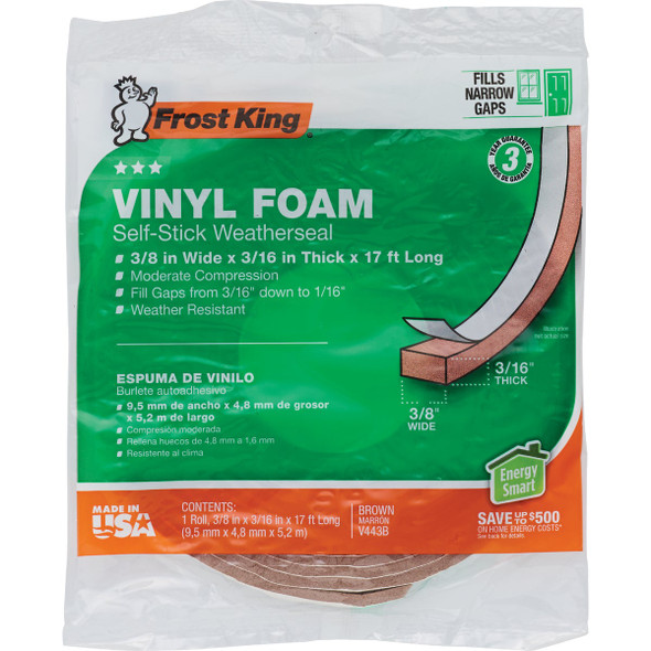 Frost King 3-8 In. W x 3-16 In. T x 17 Ft. L Brown Vinyl Foam Weatherstrip Tape V443BH 262927