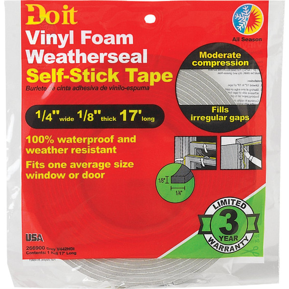 Do it 1/4 In. W x 1/8 In. T x 17 Ft. L Gray Vinyl Foam Weatherstrip Tape