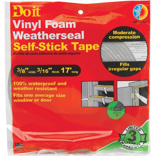 Do it 3-8 In. W x 3-16 In. T x 17 Ft. L Gray Vinyl Foam Weatherstrip Tape V443HDI 263752