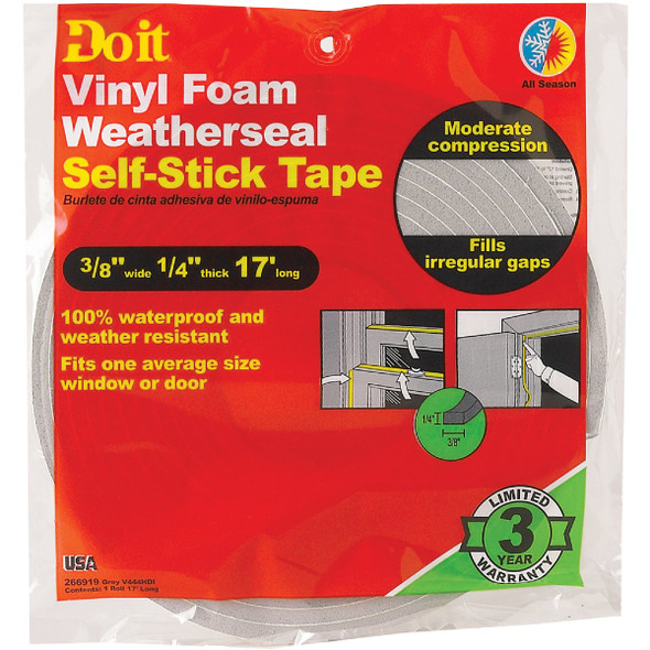 Do it 3/8 In. W x 1/8 In. T x 17 Ft. L Gray Vinyl Foam Weatherstrip Tape