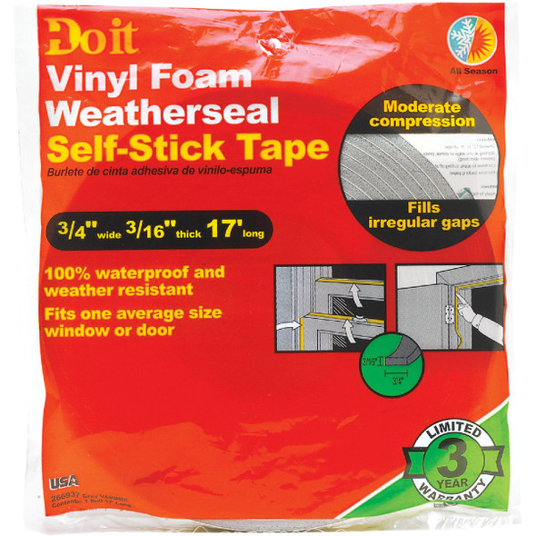 Do it 3/4 In. W x 3/16 In. T x 17 Ft. L Gray Vinyl Foam Weatherstrip Tape