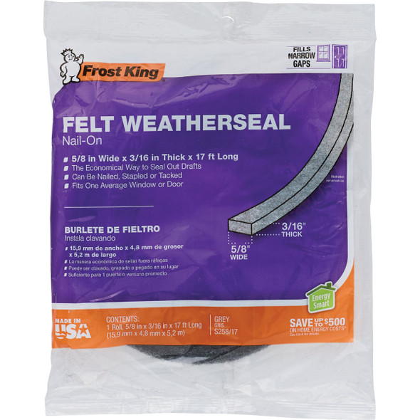 Frost King Gray 5-8 In. x 3-16 In. x 17 Ft. Felt Weatherstrip S258-17H 266456