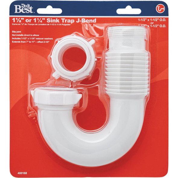 Do it Best 1-1/2 In. or 1-1/4 In. x 1-1/2 In. Flexible White Plastic J-Bend, Extendable to 11 In.