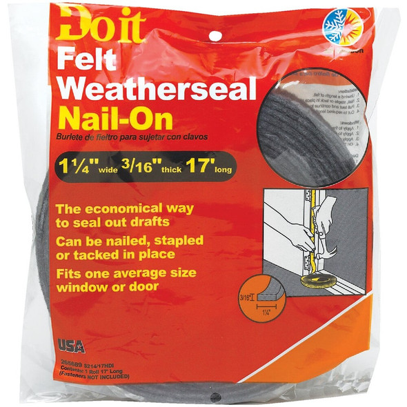 Frost King Gray 1-1-4 In. x 3-16 In. x 17 Ft. Felt Weatherstrip S214-17H 265689