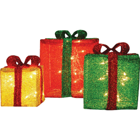 Candy Cane Lane \n12 In./10 In./8 In. LED 3D Tinsel Presents Holiday Yard Art