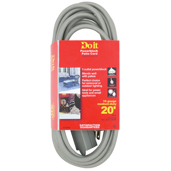 Do it 20 Ft. 16/3 3-Outlet Gray Extension Cord