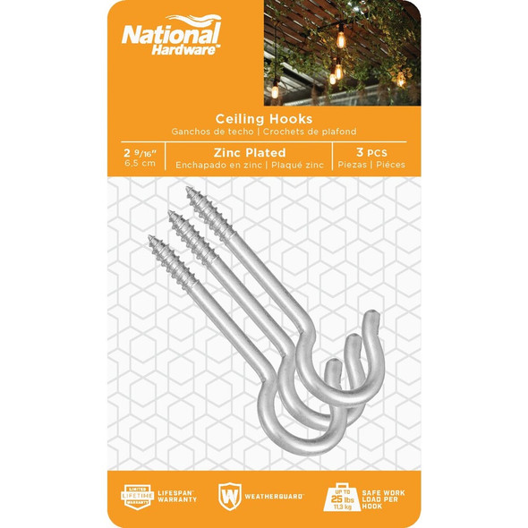 National Hardware 2-9-16 Zinc Finish Ceiling Hook (3-Pack) N120-857 218972