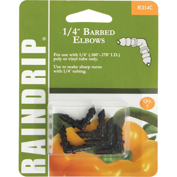 Raindrip 1/4 In. Tubing Double Barbed Elbow (5-Pack) R314CT Raindrip 1/4 In. Tubing Double Barbed Elbow (5-Pack) R314CT
