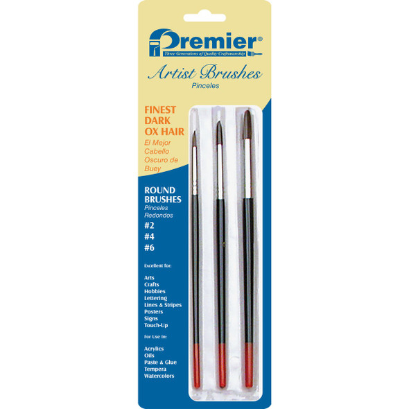 Premier Z-Pro Assorted Dark Ox Hair Round Artist Brushes (3 Pieces) AR10107