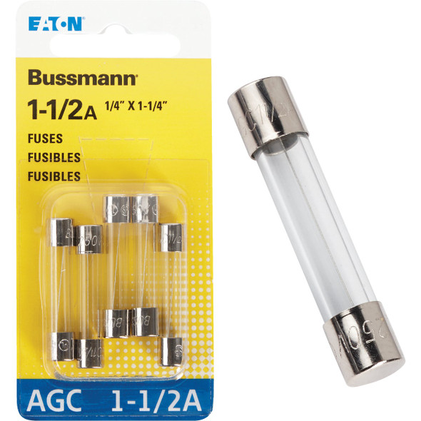 Bussmann 1-1/2A 250V AGC Glass Tube Automotive Fuse (5-Pack) BP/AGC-1-1/2-RP