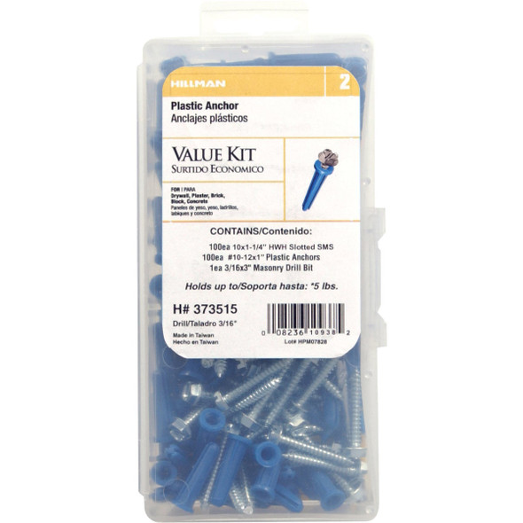 Hillman #10 - #12 Thread x 1 In. Hex Washer Head Blue Plastic Anchor Kit  373515