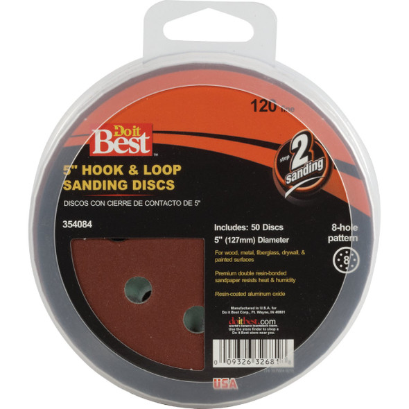Do it Best 5 In. 120-Grit 8-Hole Pattern Vented Sanding Disc with Hook & Loop Backing (50-Pack)